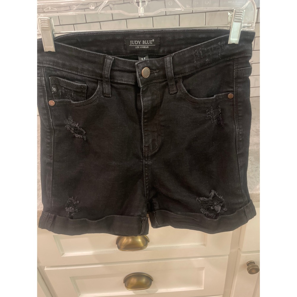 Judy Blue Jean Shorts Womens M Black Distressed Cuffed High Rise Denim